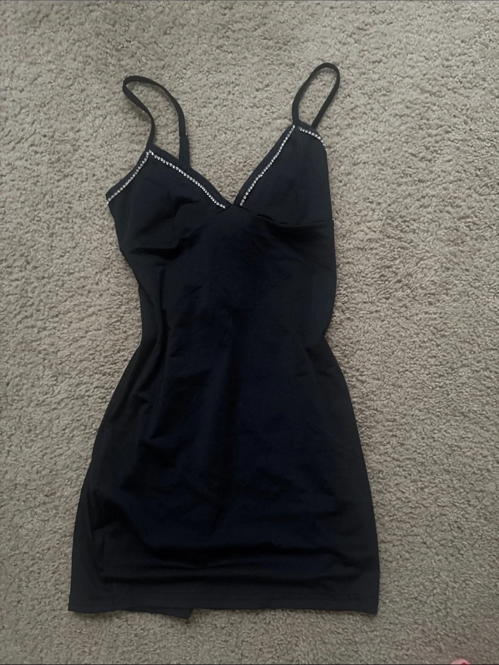 SHEIN Black Slip Dress with Rhinestone Trim